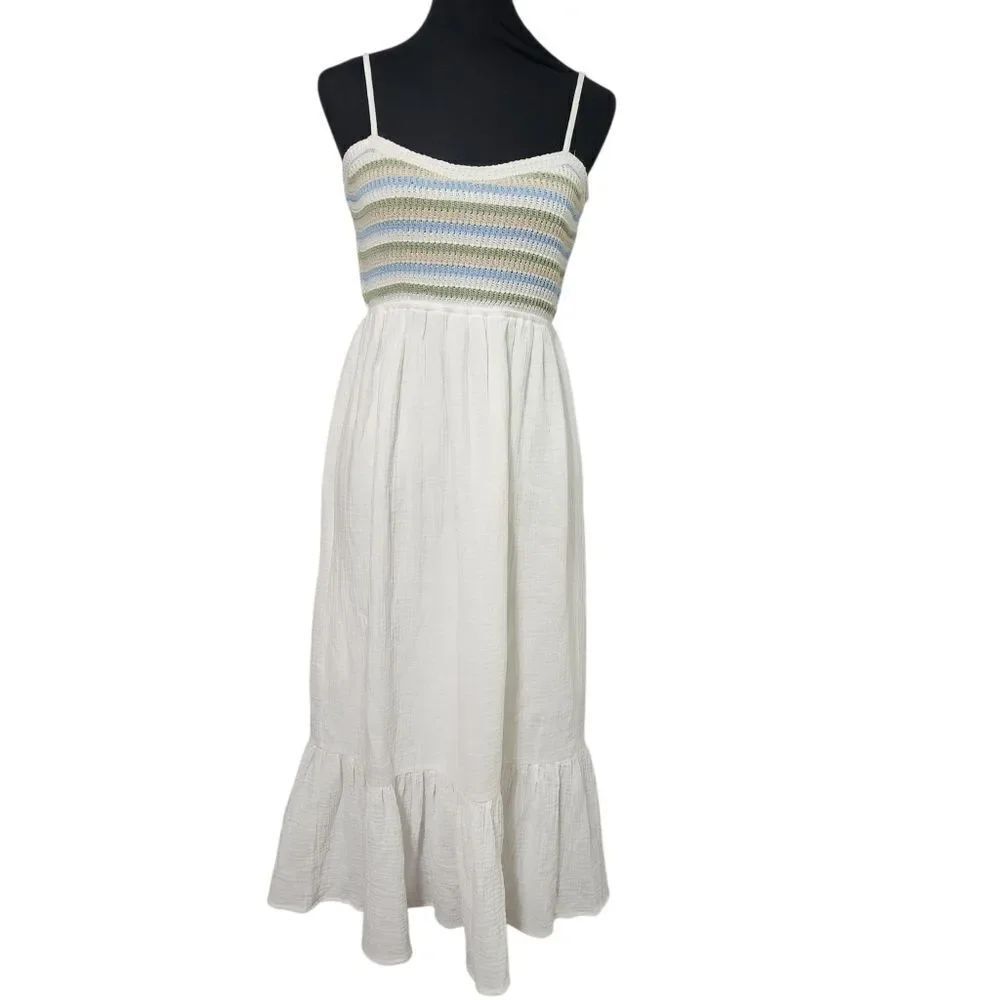 Wishlist Maxi Dress Medium White Embroidered Bodice Spaghetti Straps Sleeveless